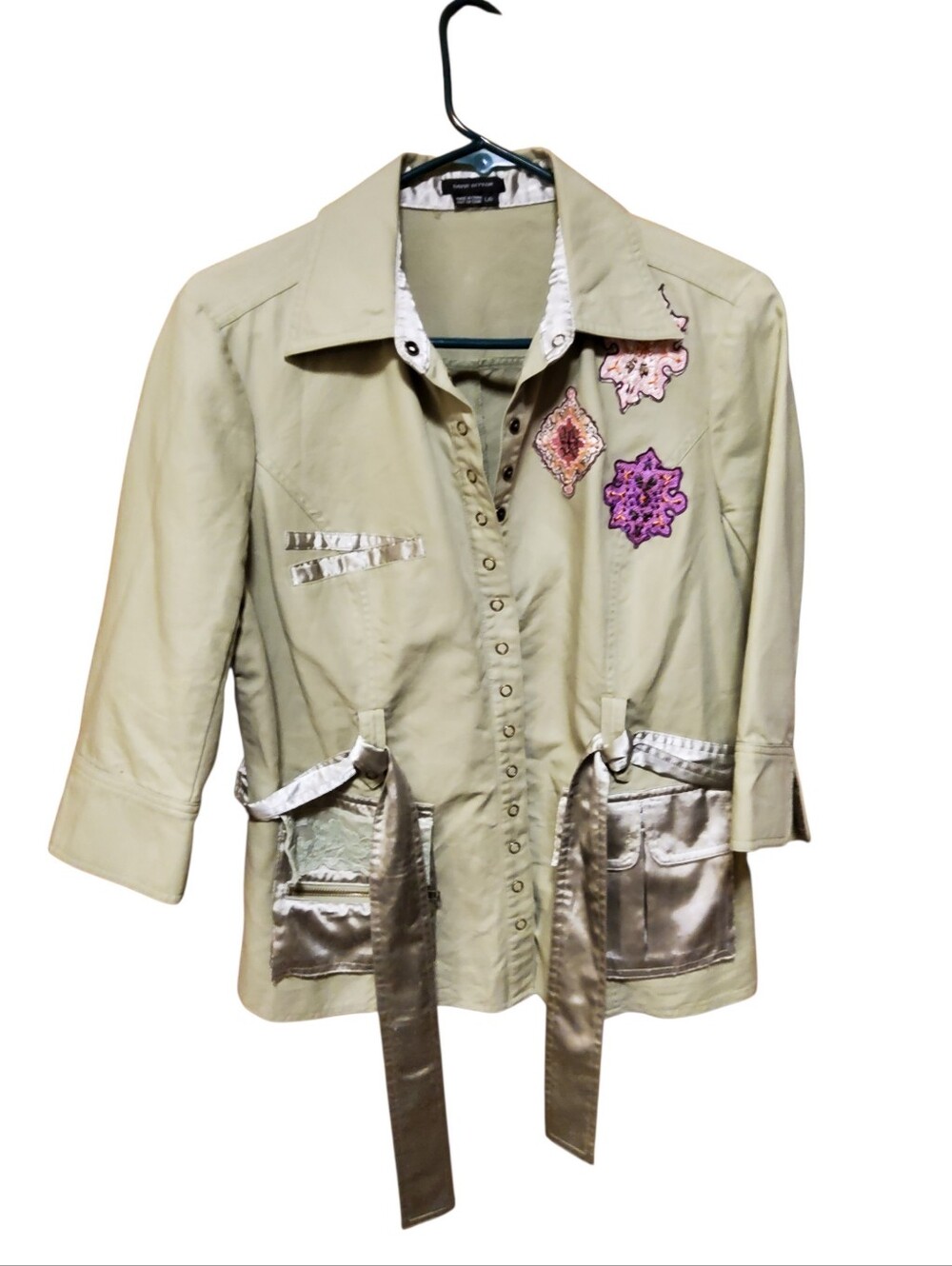 Y2K Embroidered Sage Utility Jacket with Self-Tie Belt